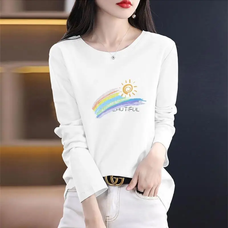 الشباب المرأة طويلة الأكمام تي شيرت ربيع الخريف موضة الاتجاه امرأة الملابس الترفيه بسيط تيز فضفاض ملابس علوية من القطن منتجات جديدة