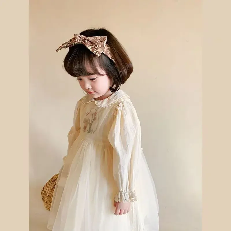 HoneyCherry Girls Dress Autumn New Doll Collar Embroidery Sweet Mesh Dress Cute Princess Dresses Flower Girl Dresses