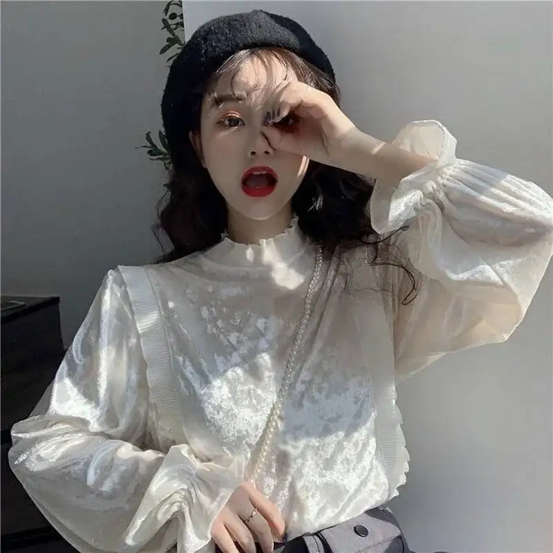 

New Korean Patchwork Women Stand Collar Puff Sleeve Long Sleeved Shirt Dropshipping Womens Blouses