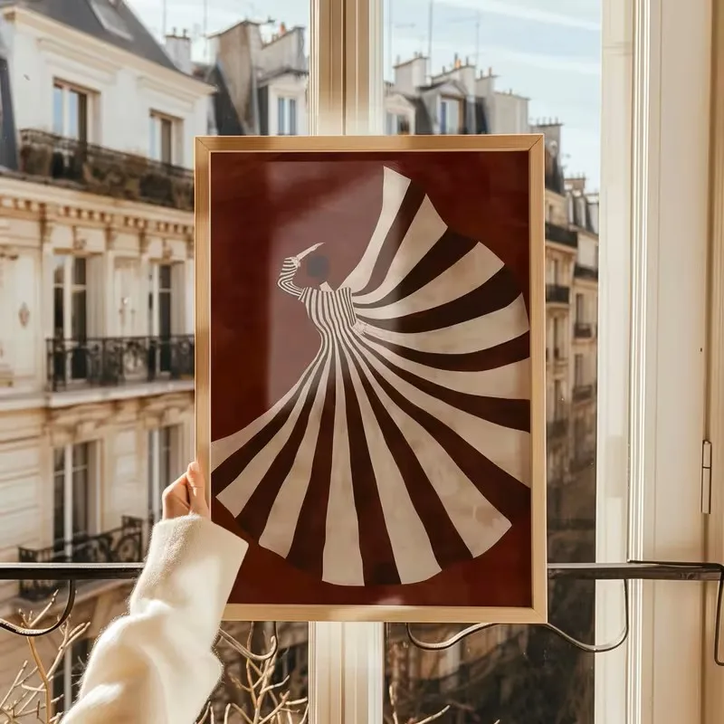 Retro Poster, Abstract Female, Bold Red Art Print, Simple Striped Dress, Canvas Painting, Living Room Home Decoration