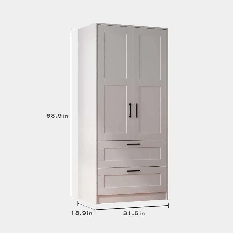 Armadio guardaroba in legno bianco con 2 ante e 2 cassetti, armadio portaoggetti armadio indipendente per camera da letto con ripiani, armadio in legno