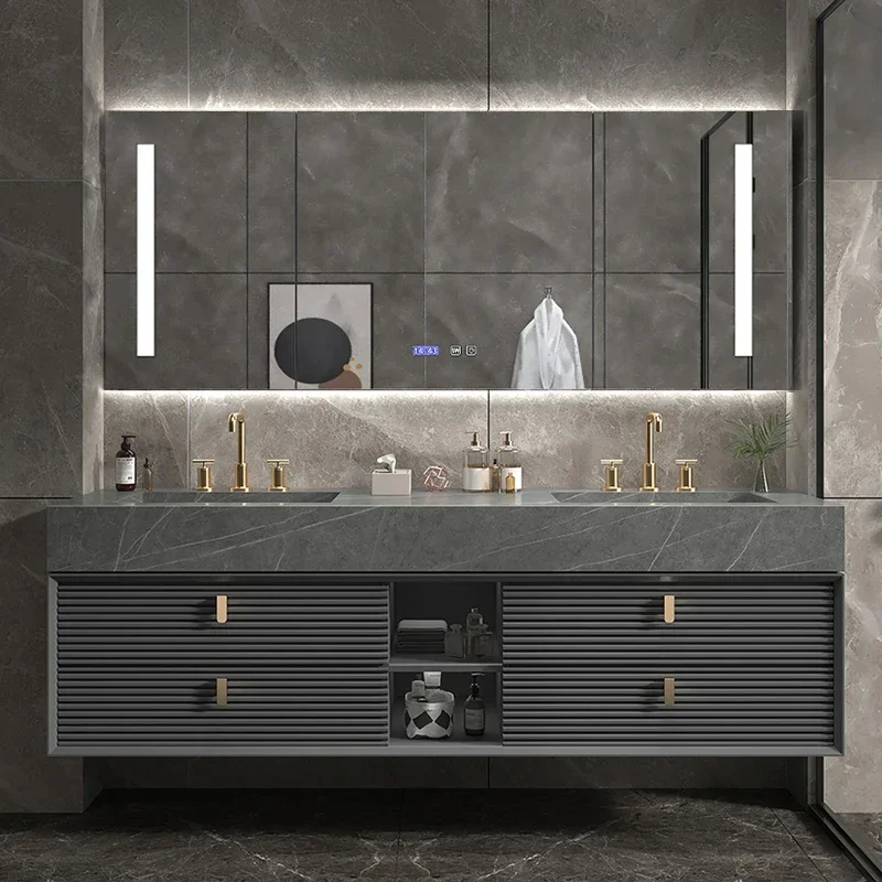 Light Luxury Modern Slate Kit Bathroom Mirror Lamp Cabinet Sink Faucet One-piece Double Basin Oak Combination Solid Wood Wash Ha