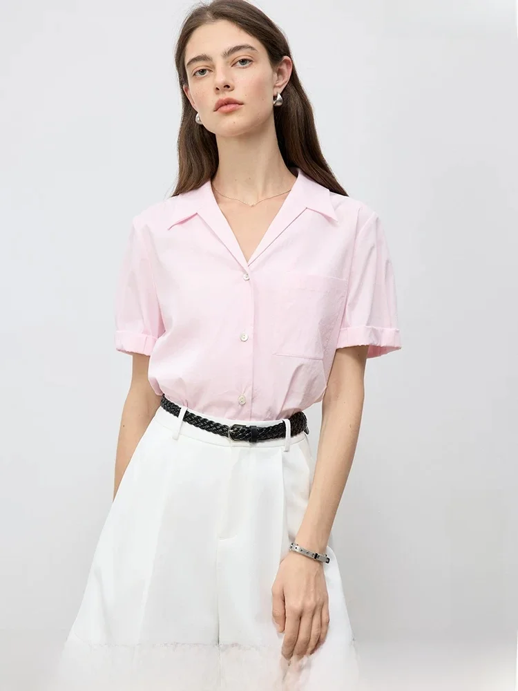 

Retro Cuban Collar ort Sve V-Ne Women's irt Lazy Sle Age-Defng Top Self-Crt Commute Faion Straight Cut
