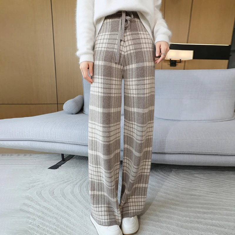 

100% pure wool wide leg knitted women's autumn and winter loose outer high elasticity straight leg floor pants wool pants