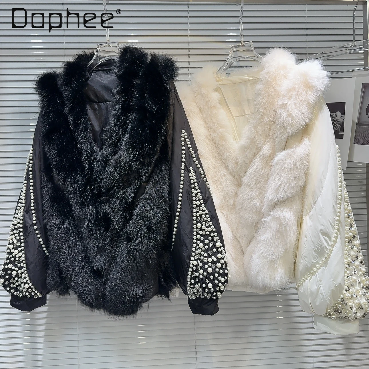 Fur Collar Pearl Beads Down Jacket for Women Winter Fashion Warm V Neck Luxury Coats Black White Casual Female Clothing