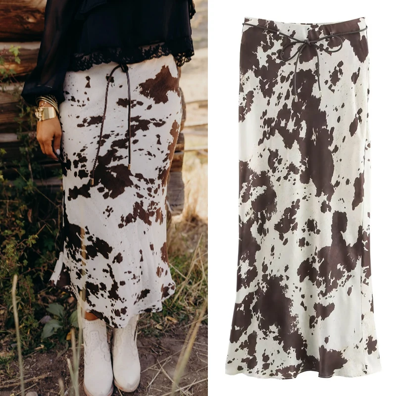 

Женская летняя повседневная длинная юбка из атласа с принтом, элегантный женский наряд, юбка с завышенной талией на шнуровке, новинка весны 2026, женская мода