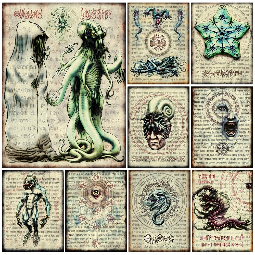 Eldritch bestiário e símbolos ocultos antigos manuscritos arte da parede impressão em tela, gótico vintage arte cartaz impressão decoração de casa