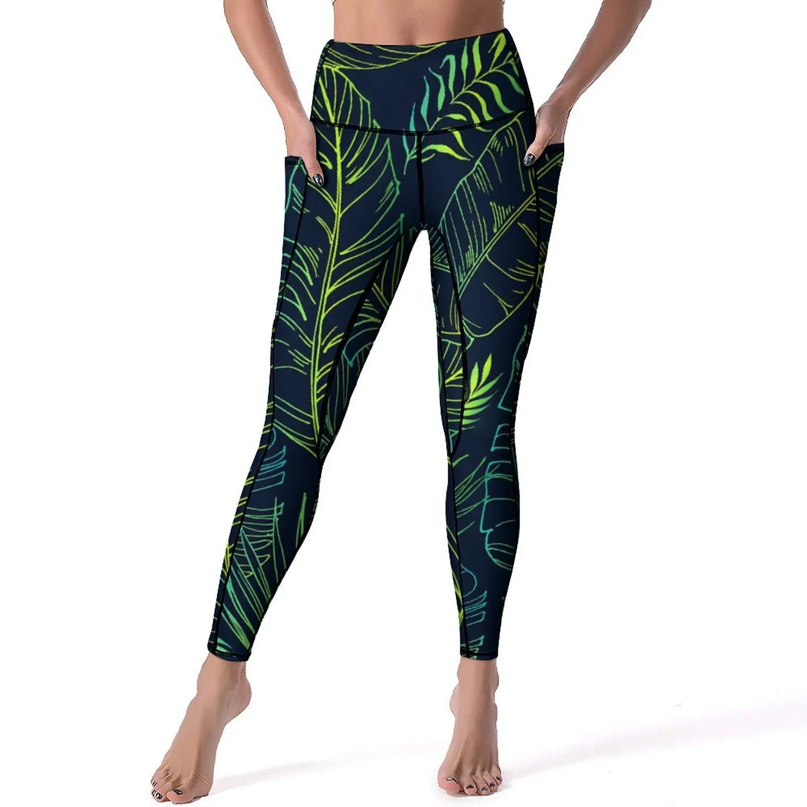 Tropical Leaf Print Leggings Green Leaves Work Out Yoga Pants Push Up Novelty Leggins Stretch Custom Sports Tights Gift Idea