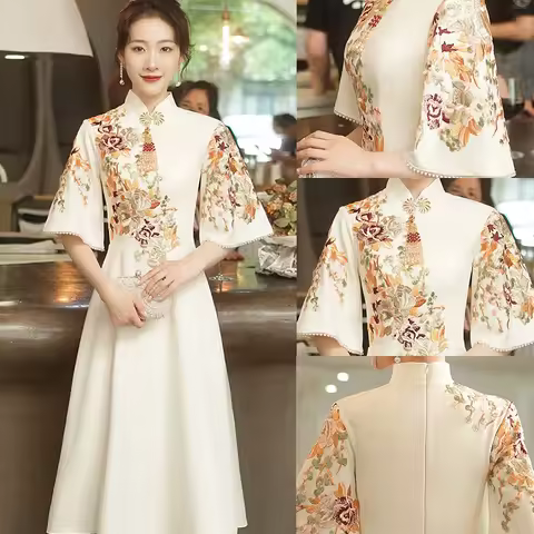 Chinese Style Bride Wedding Dress Qipao Elegant Exquisite Embroidery Flower Cheongsam Evening Party Dress Vintage Banquet Dress