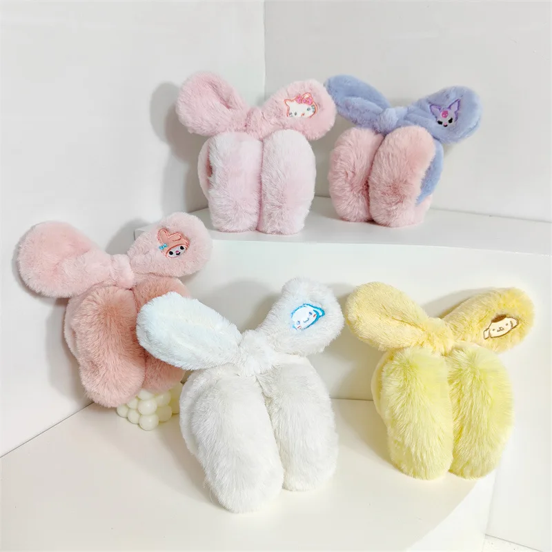 Anime Cartoon Hello Kitty Cinnamoroll My Melody Kuromi Bow Plush Folding Earmuffs Kawaii Sweet Thickened Coldproof Ear Warmer