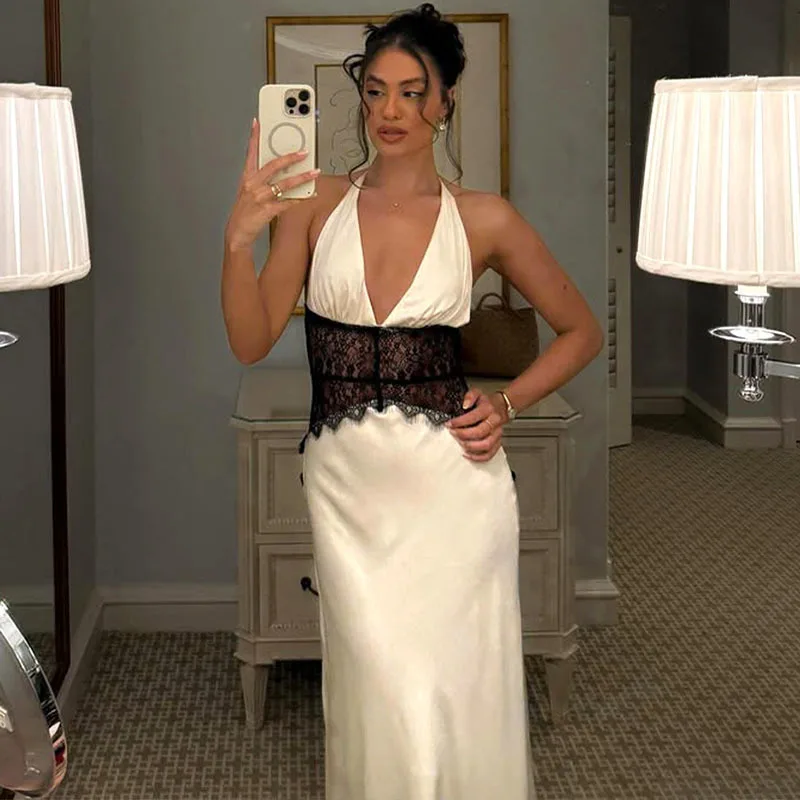 

Apprabant Fashion Deep V Silk Soft Satin Dresses Lace Splicing Hanging Neck Backless Slimming Waist Sexy Wrapped Hip Dress