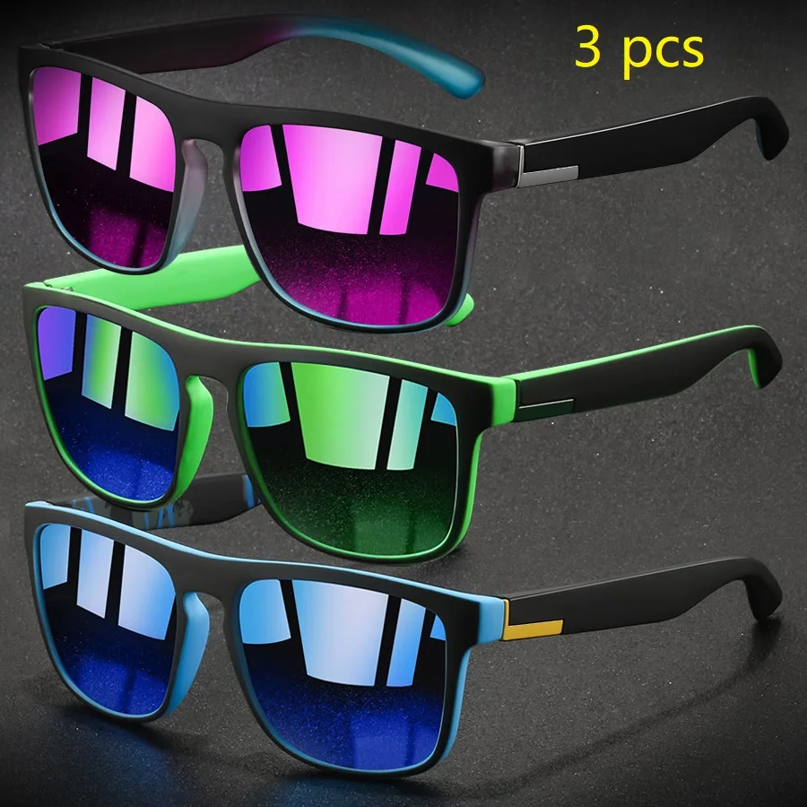 3 Pieces Fashion Vintage Square Sports Sunglasses Men Women Fishing Driving Man Brand Designer Sun Glasses Retro Eyewear UV400