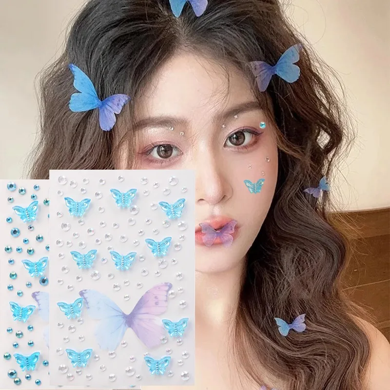 

1 Sheet Acrylic Diamond Stickers Gauze Fabric Butterfly Aurora Colorful Three-dimensional Butterfly Face Paste Stage Makeup