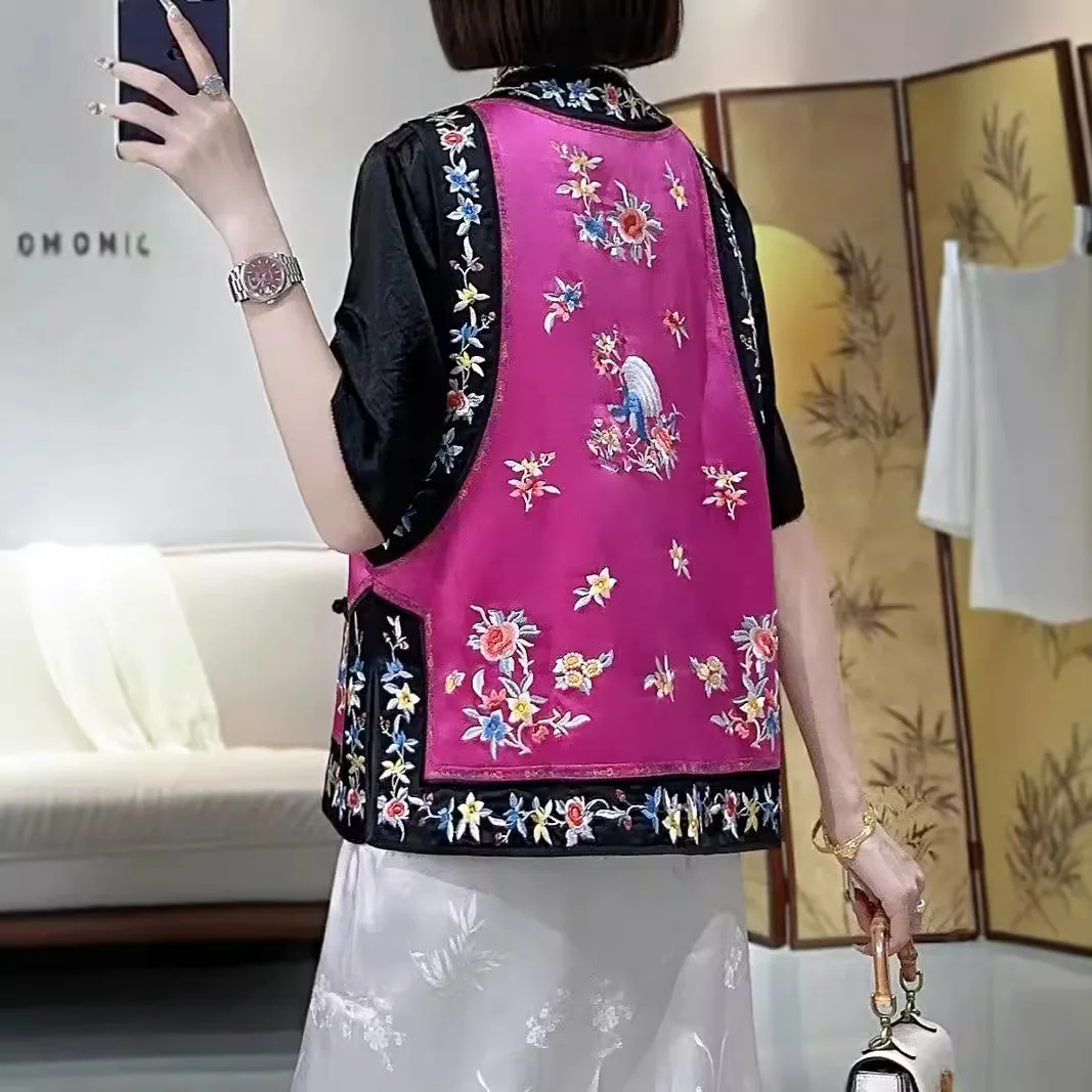 Chinese Style Vest Women's Spring And Autumn Embroidery Flowers Birds Loose Acetate Sleeveless Lady Top S-XXL image 4