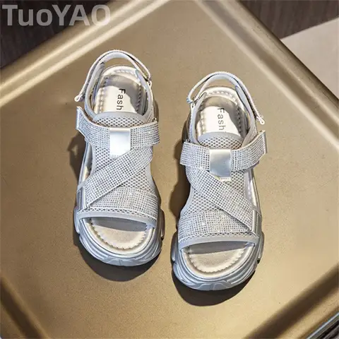 7CM New Air Mesh Sandals Women Rhinestone Comfort Casual Shoes Fashion Bling Women Summer Platform Wedge Ladies Hook Slipper