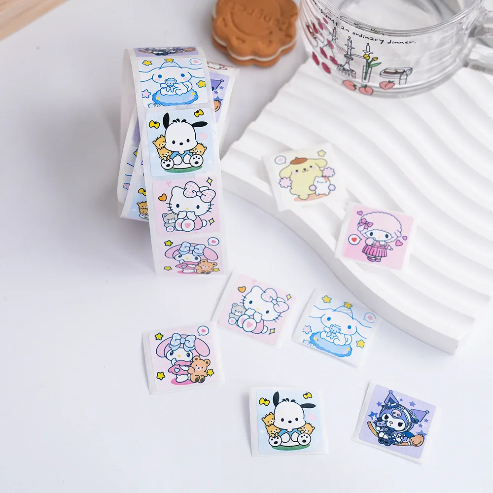 2023 New Sanrio 500PCS Square Cartoon Kulommi Kitty Cat Yugui Dog Melody Flat Luggage Hand Tent Diy Decorative Stickers