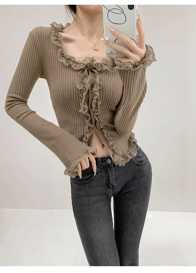 2026 Quadratischer Kragen Spitzenbesatz Langarm-Strickpullover Damen Retro Kurzer Stil Schlanke Oberteile Einreihige Strickjacke – Detail 15