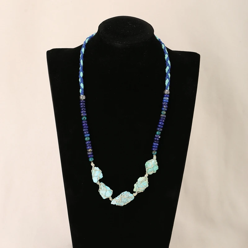 Hand-woven, Sleeping Beauty Turquoise, Lapis Lazuli, Chrysocolla Gemstone Necklace,Adjustable Necklace,28 inch,32.8g