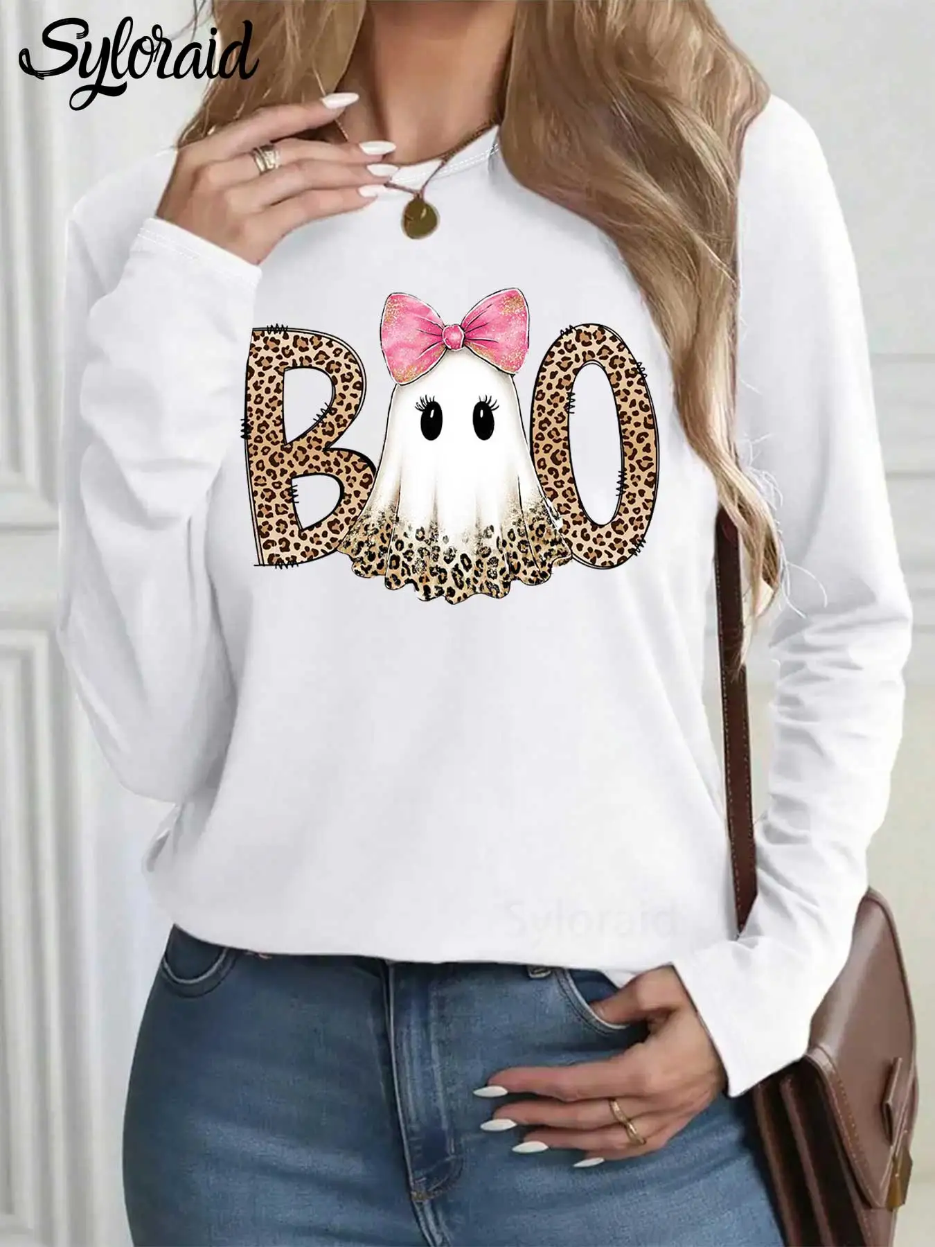 المرأة طويلة الأكمام تي شيرت Preppy ليوبارد شبح بو تي شيرت هالوين مخيف مخيف تي شيرت موضة الجولة الرقبة رداء علوي غير رسمي #1