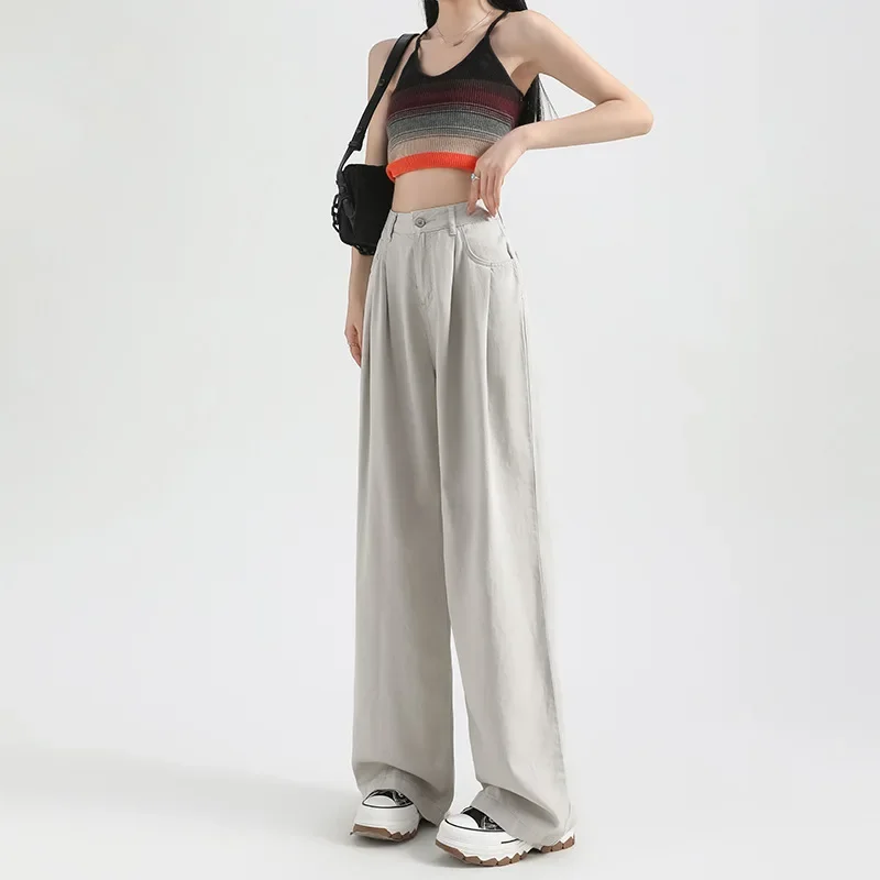 2025 New Spring Autumn Women Pink Oatmeal Beige Gray Long Pants Lady Korean Version Concise Baggy Wide Leg Straight Leg Trousers