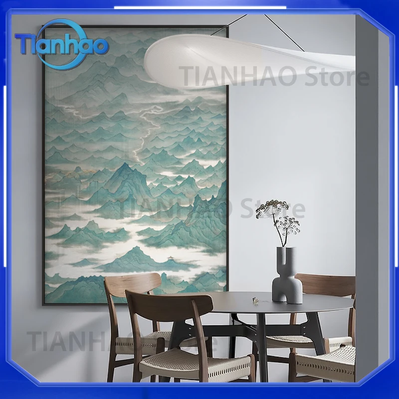 Elegant Chinese Style Landscape Wall Art for Entryway Hallway Corridor Guesthouse Tea Room in Blue Tone for Yuan Quanjun