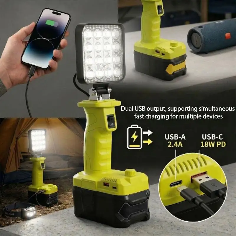 

18V LED Work Light With Double USB Fast Charging Port And Adjustable Brightness For 18V Battery P107,P108,P189, K1KF