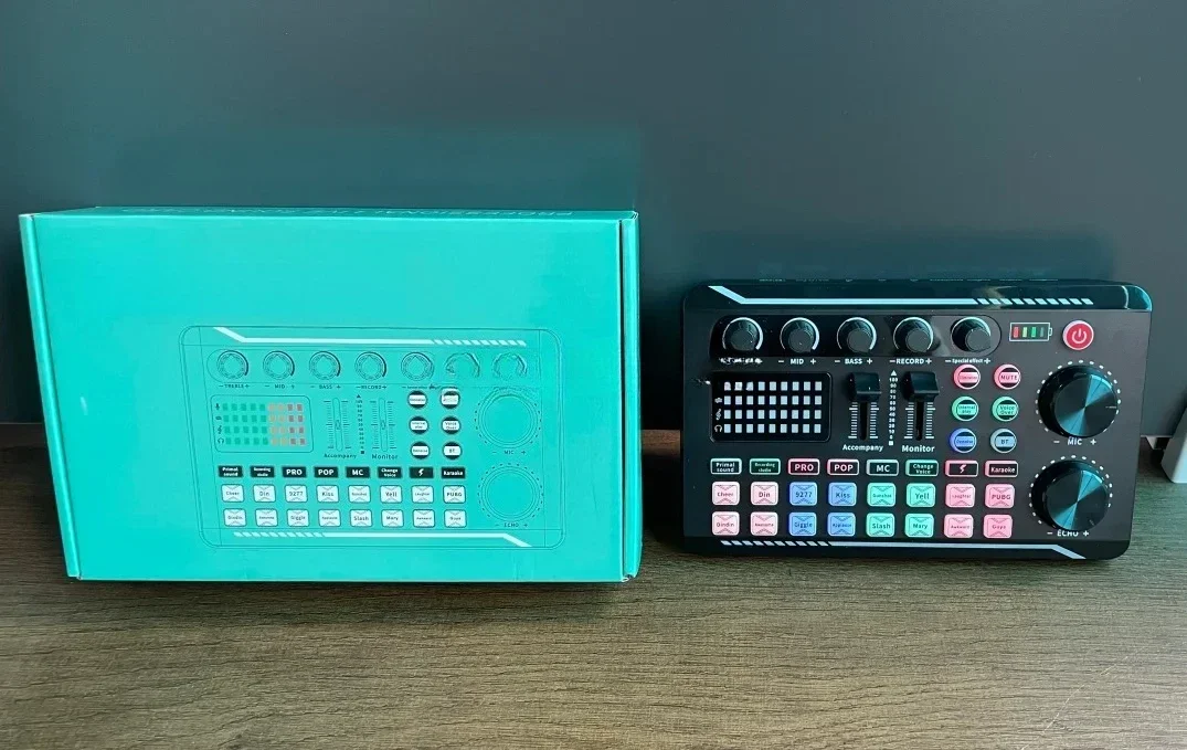 F998 live sound card mixer podcast interface, with DJ mixer effect, with karaoke sound effect