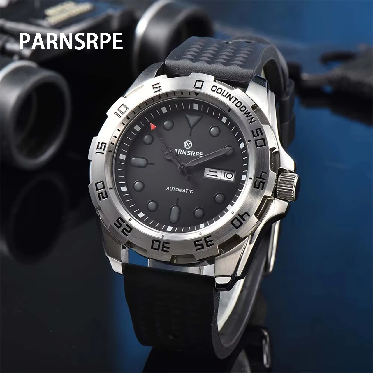 PARNSRPE NH36 44mm Matte Black Sports Watch, Sapphire Crystal Exhibition Back Silicone Strap, Luxury Casual Watch