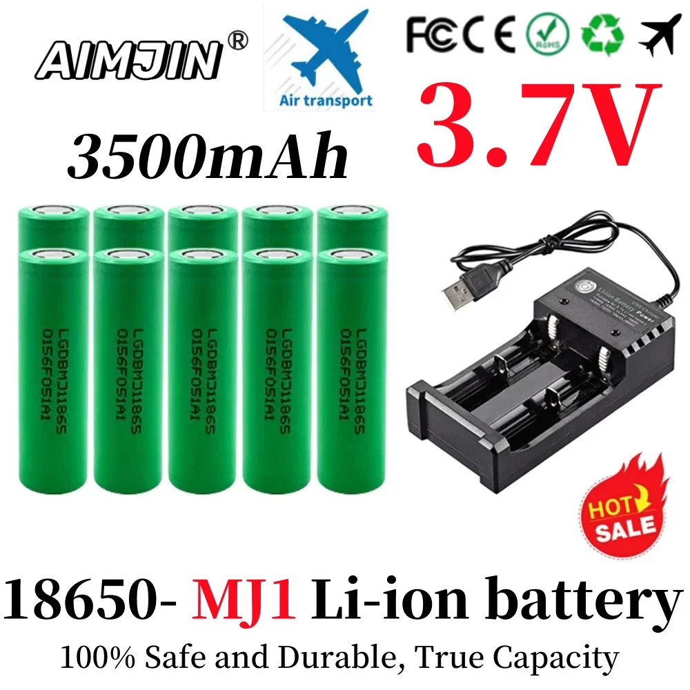 

100% фактическая емкость INR 18650 MJ1 3,7 В 3500 мАч, 18650 многофункциональная литиевая аккумуляторная батарея с плоским верхом + зарядное устройство