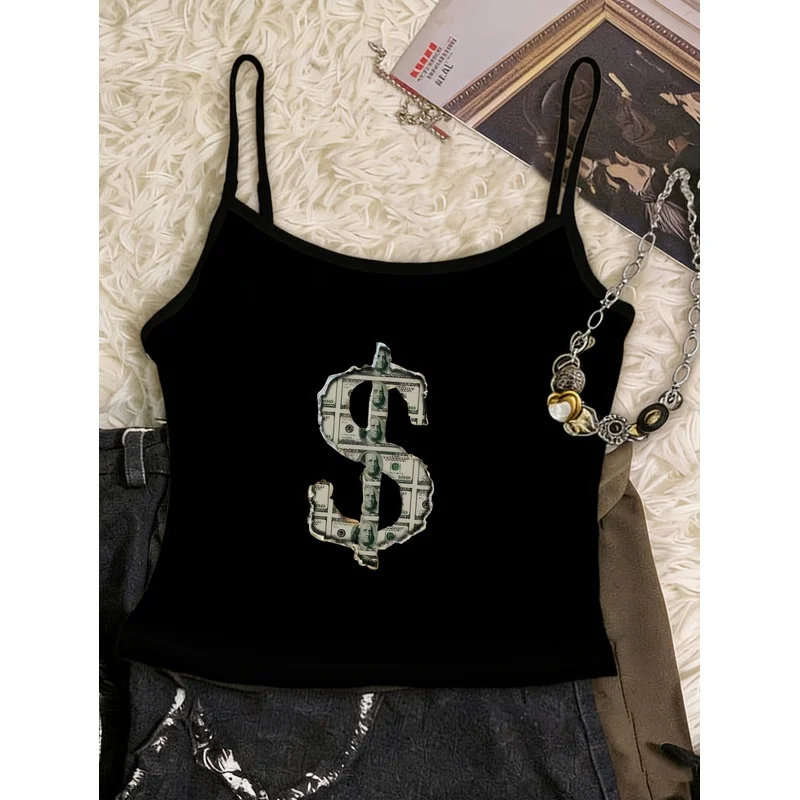Dollar Sign Money Bill Print Cami Tank Top Women Hip Hop Y2K Spaghetti Strap Black Cropped Camisole Tops