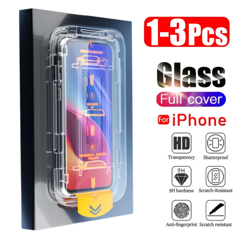 1-3PCS Premium Tempered Glass For iPhone 15 14 13 12 11 Pro Max Plus One-click Dust free Installation HD Screen Protector