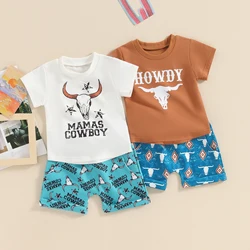 Kids Baby Boy Western Clothes Outfits Summer Short Sleeve Howdy Print Shirt T-Shirts with Cow Pattern Short 2Pcs Toddlers Sets