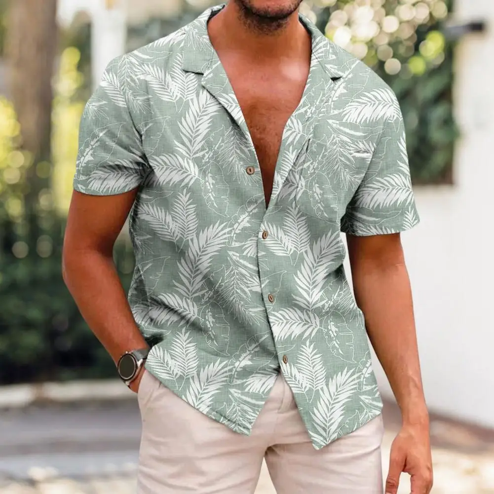 

Men Hawaiian Shirt Tropical Leaves Print Hawaiian Shirt for Men Beachwear Top with Short Sleeves Single-breasted Design Summer