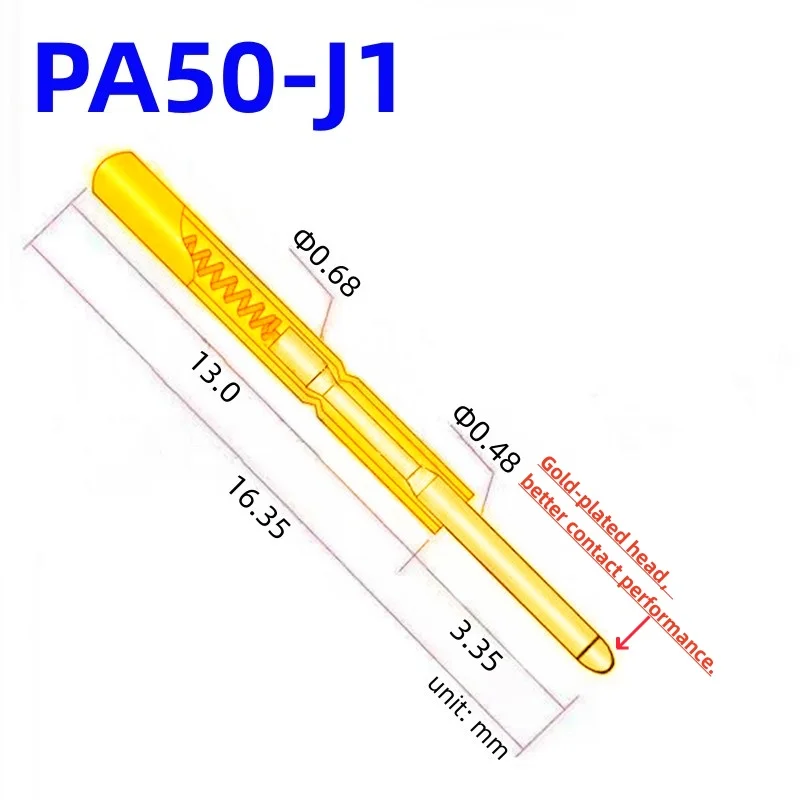 Sonda de prueba de resorte de piezas, herramienta de prueba de Pin de PA50-J1, 100mm de diámetro 0,68mm, punta de aguja dorada, diámetro de 16,35mm, PA50-J de Pin Pogo P50-J, 0,48 P50-J1