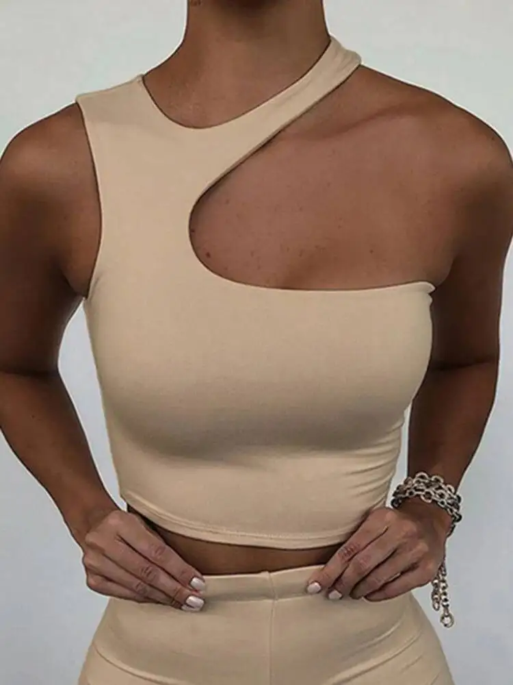 Atasan Tank Top Wanita Seksi Model Off Shoulder Cut Out Crop Irregular Slim Fit Sporty Musim Panas