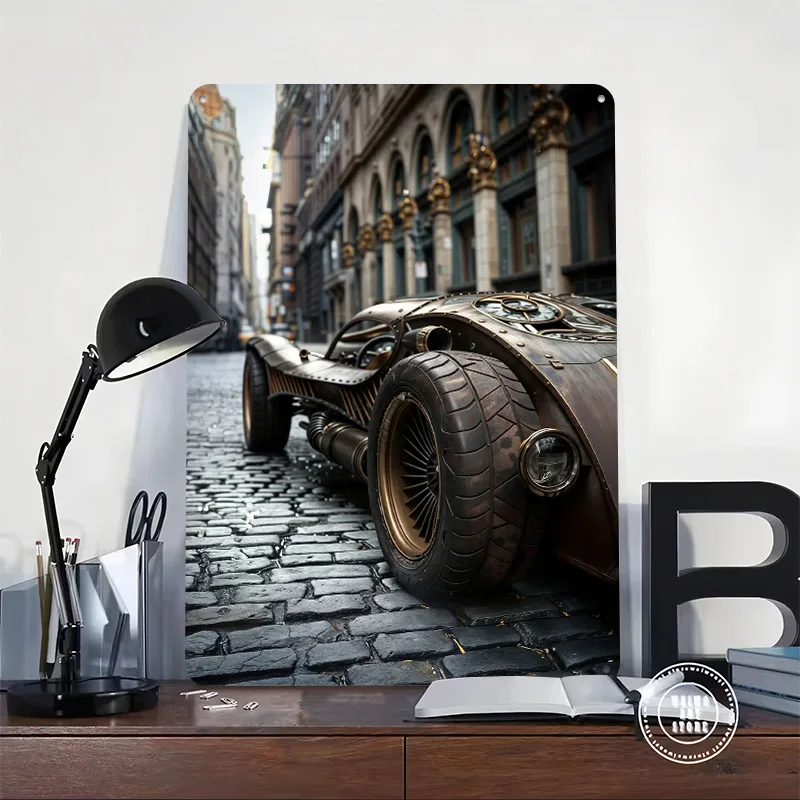 Steampunk in City Car Metal Poster Custom Wall Art Retro Vintage Tinplate Signs for Man Cave Apartment Decoration Room Wand Deko