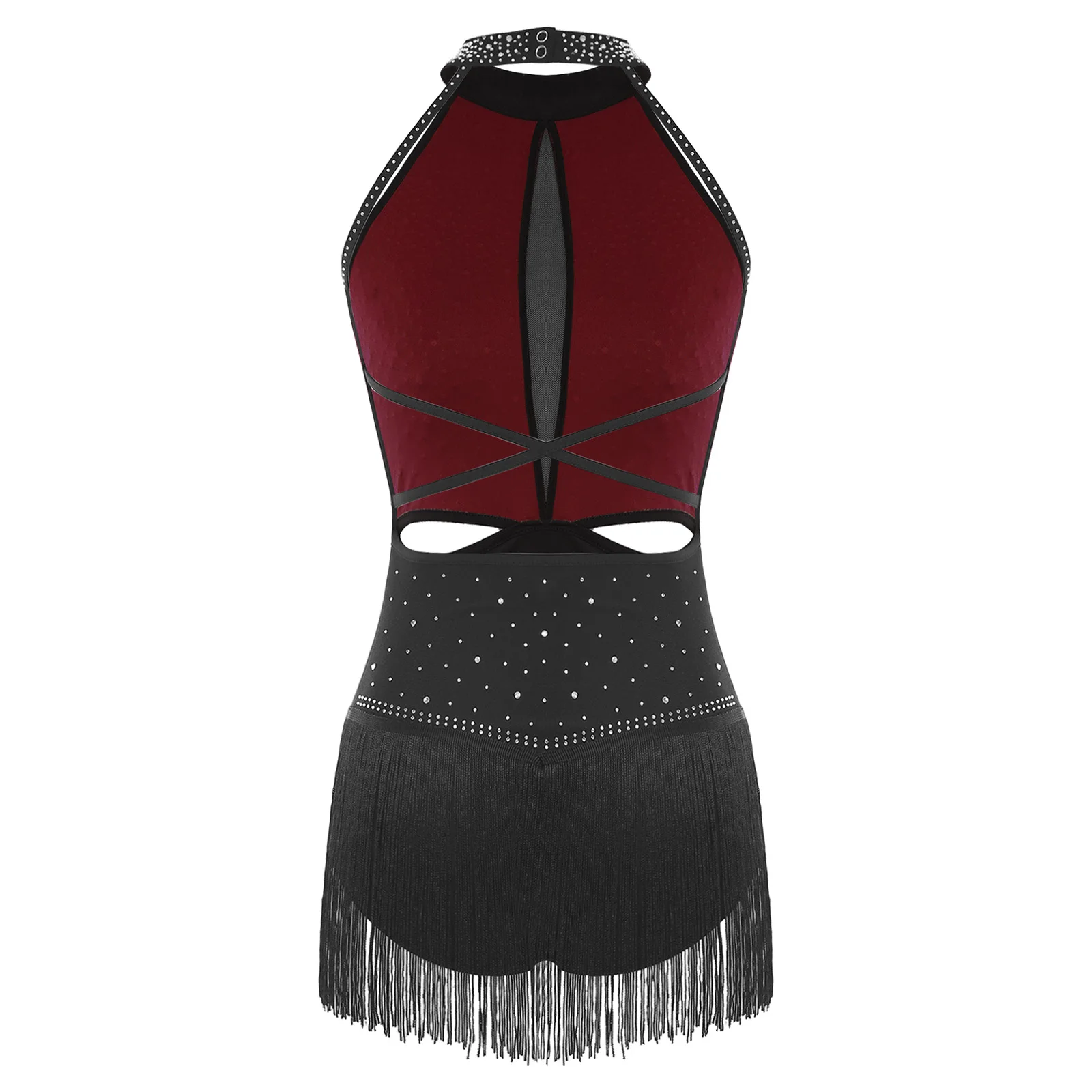 Women Tassel Latin Jazz Dance Bodysuit Cha-cha Samba Rumba Ballroom Gymnastics Costume Sleeveless Rhinestones Mesh Leotard