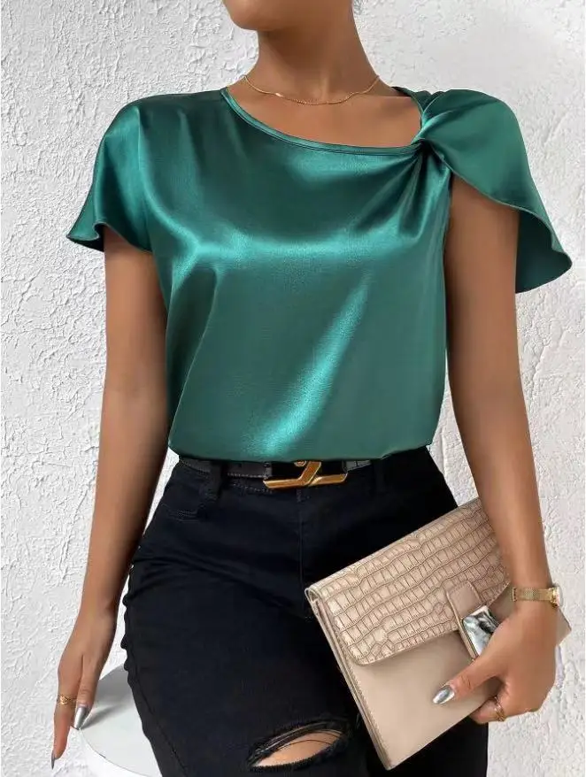 2024 Summer Neck Twist Detail Satin Blouse  Casual Loose Solid  Short Sleeve O-Neck Shirts Summer Office Lady Tops Chic Streetw