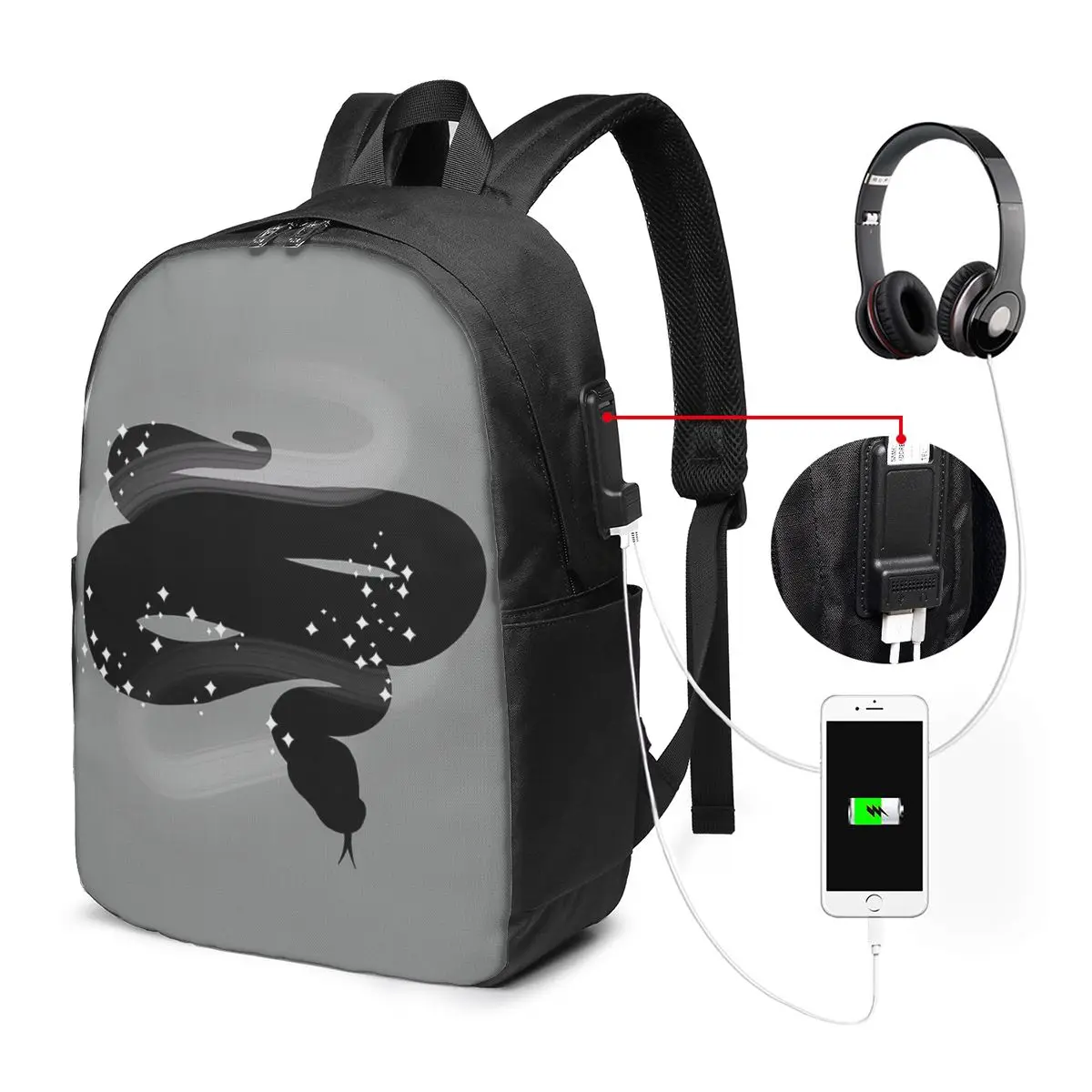 Black Sparkling Diamond Snake Backpack Travel Notebook Bag Computer College Student School Bag Laptop Shoulder Bags Men Women