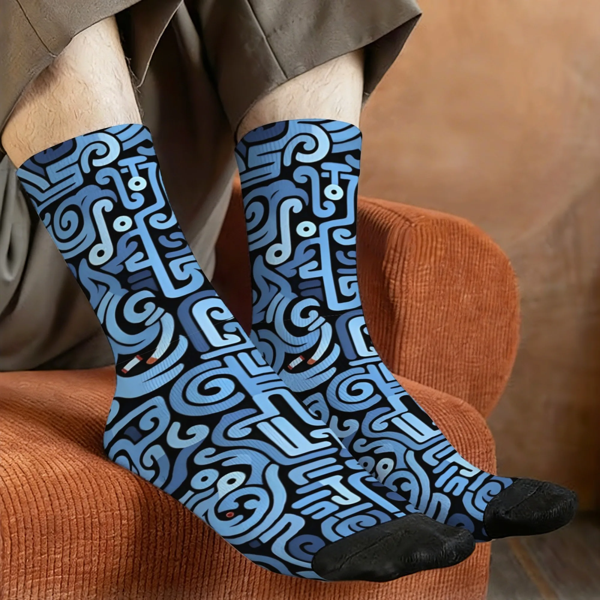 Blue and Black Abstract Line Mid-calf Socks Deep Sea Psychedelic Style Trendy Socks Comfortable and Breathable for Beach Walks