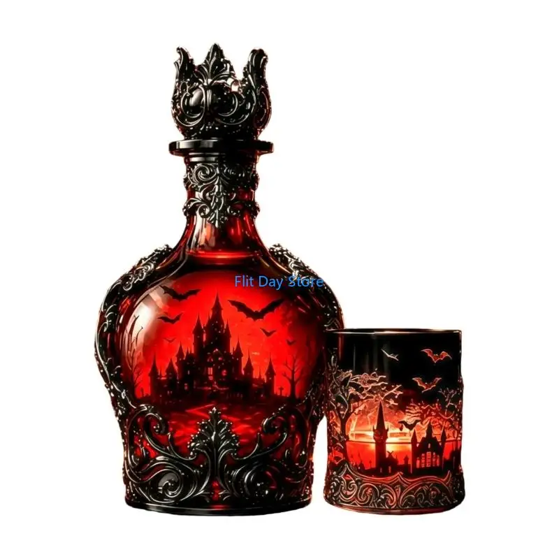 F92C Halloweens Desktop Decors, Gothic Glass Barwares Whiskeys Decanter With Dark Red Body and Castles Bat Relief for Shelf