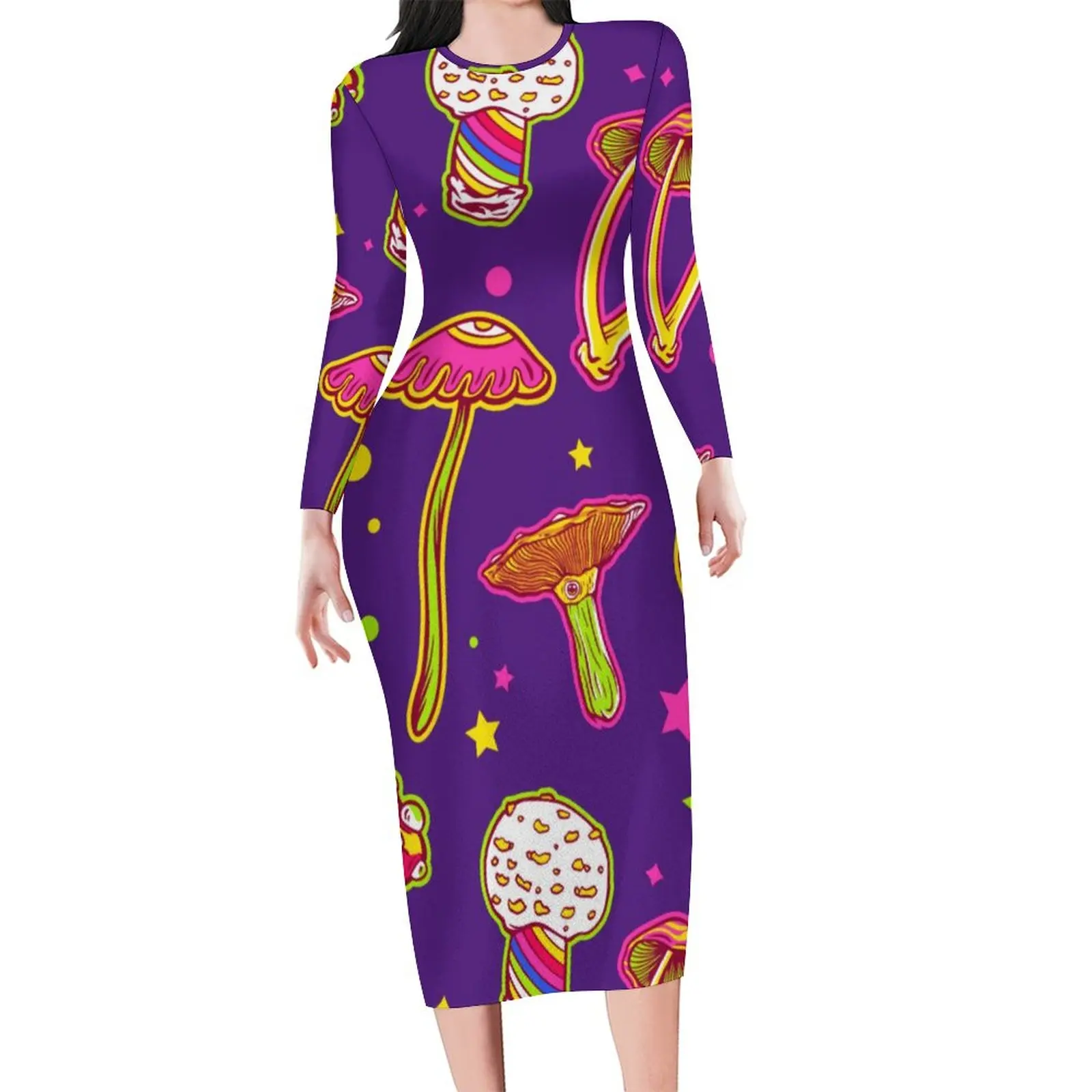 Magic Mushroom Bodycon Dress Spring Colorful Plants Print Cute Dresses Ladies Long Sleeve Graphic Fashion Dress Big Size 4XL 5XL