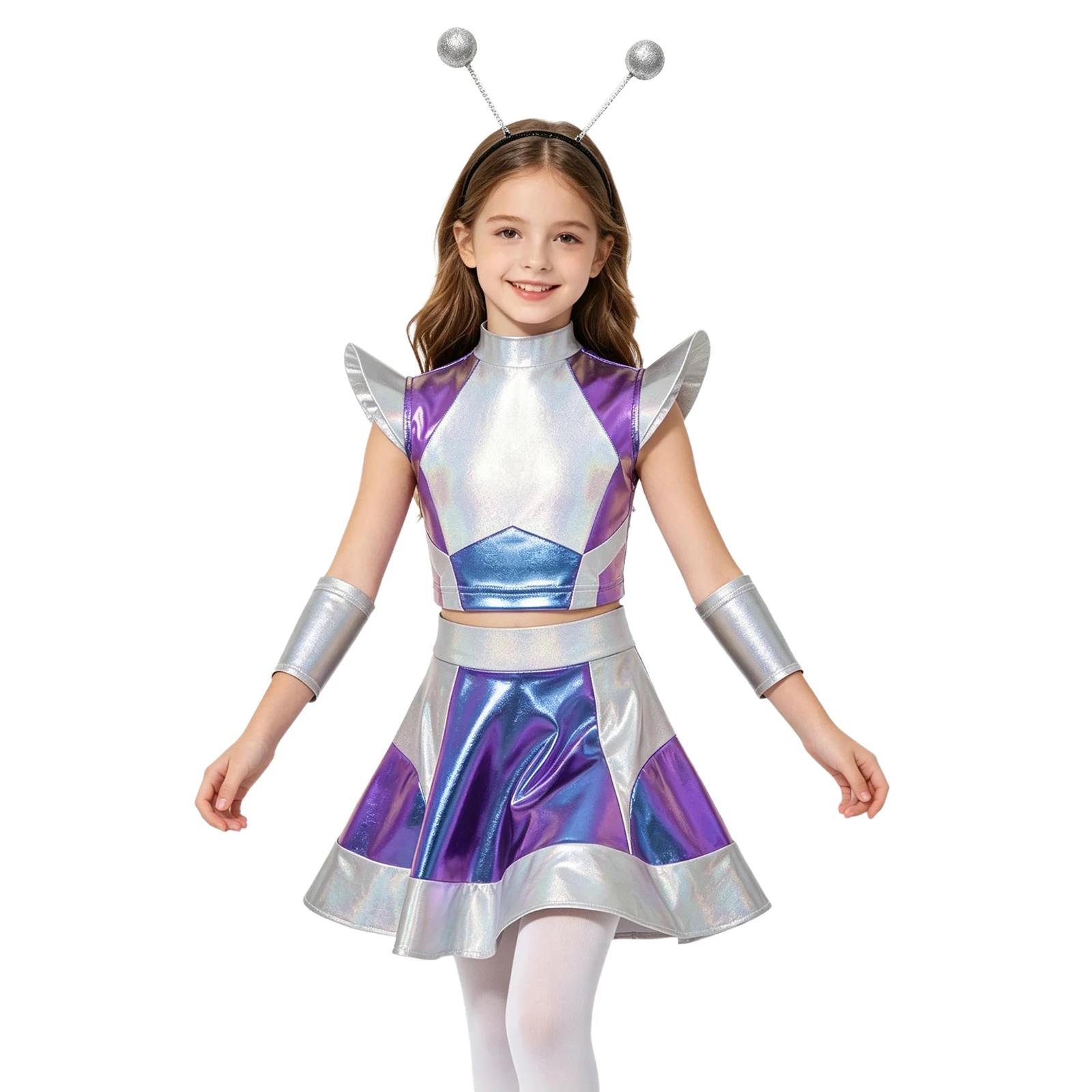 Girls Costume Halloween Astronaut Robot Alien Costume Space Cutie Dress Up Cap Sleeve Metallic Crop Top with Skirt And Hair Hoop