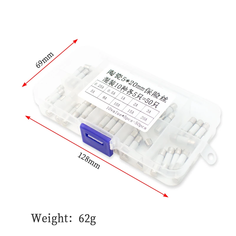 Glass fuse, fuse tube, fuse box, 5*20mm, 250V, 3A-30A mixed pack