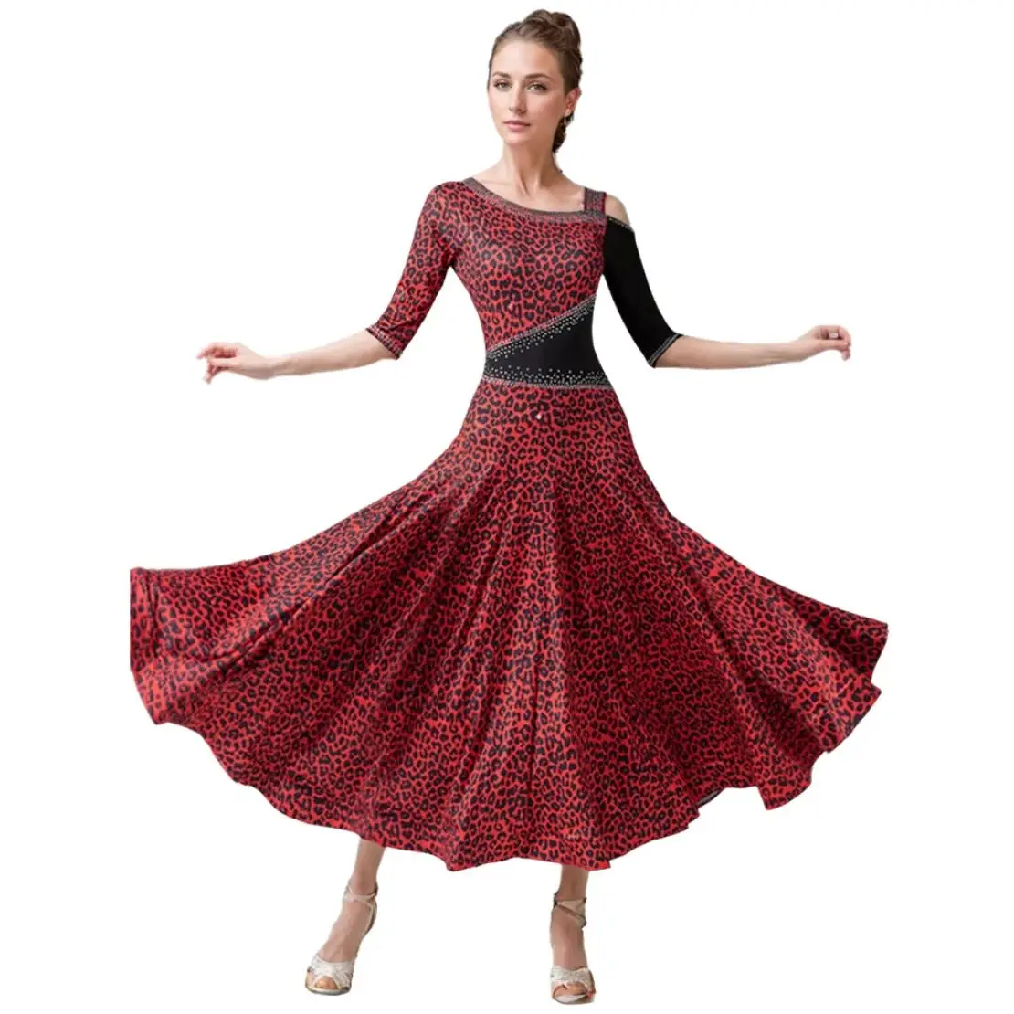 

Swing Red Stitching Women Standard Ballroom Dress Tango Dance Costumes Floral Waltz Dress For Dancing Clothes Dance Wear