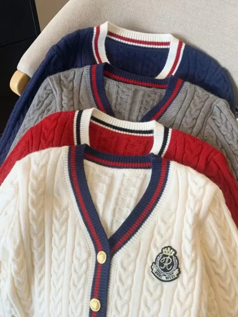 

Autumn Winter Women Preppy Style Cardigan Sweater Old Money V-Neck Knitwear Embroidery French Vintage 2000s Aesthetic Thick Cute