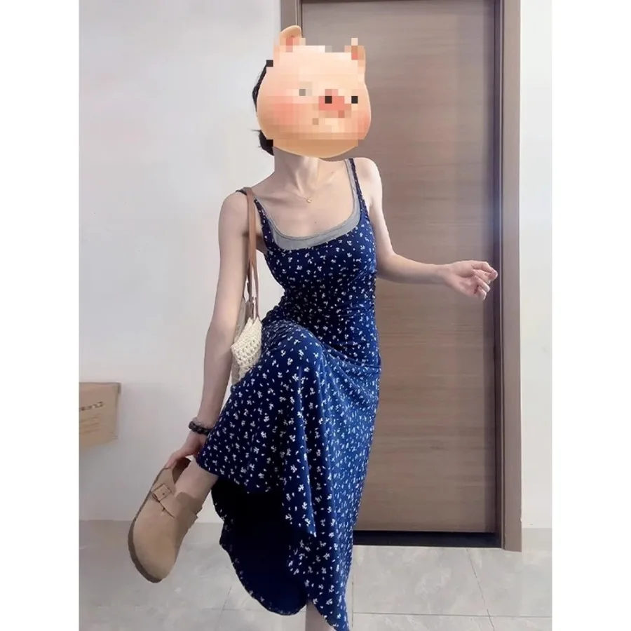 

【New style】Casual fashionable fake two-piece contrasting floral suspender dress for women's summer design slim-fitting A-line s