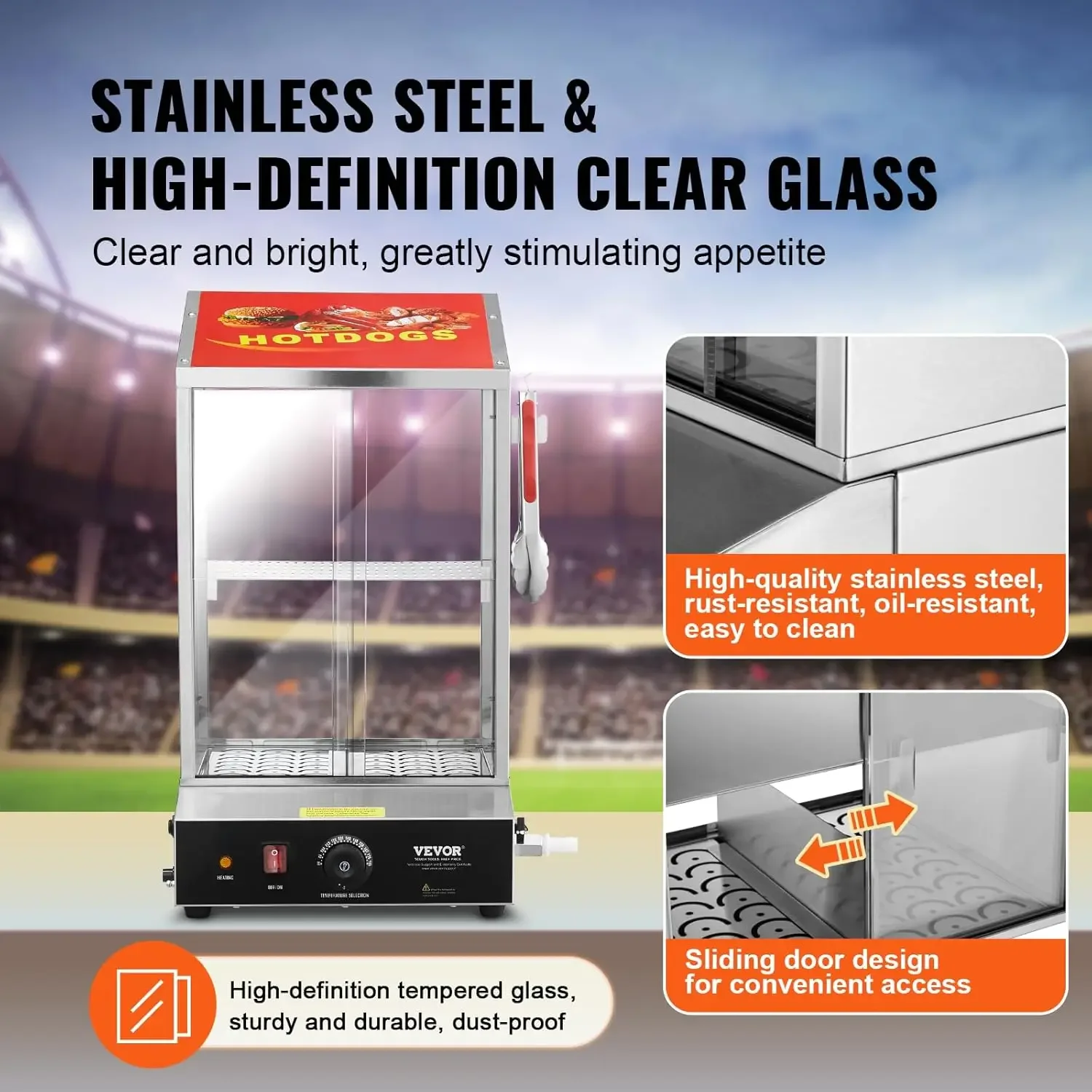 เครื่องนึ่งฮอทดอก, 39QT, เครื่องนึ่งฮอทดอก 2 ชั้น, 86 ℉ ~185 ℉   ควบคุมอุณหภูมิ เครื่องอุ่นซาลาเปาไฟฟ้าพร้อมกระจกนิรภัยสไลด์ D