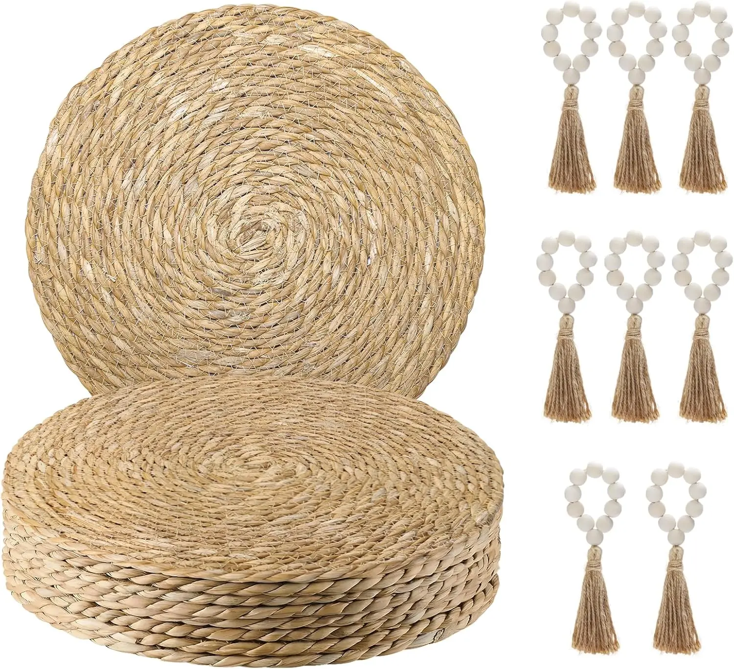 

Woven Placemats Set of 8, 13.8' Natural Water Hyacinth Round Rattan Placemats with Wooden Beads