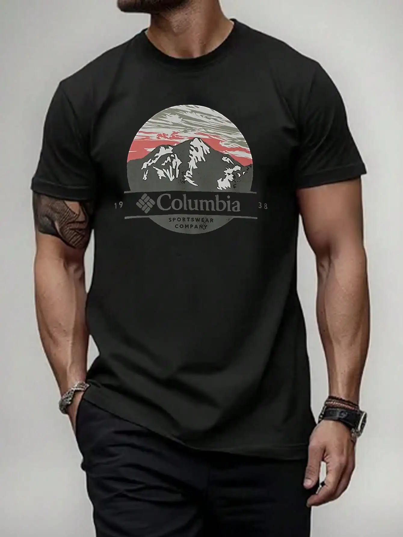 Columbia Mountain-Camiseta de manga corta con gráfico Retro para hombre, ropa técnica para exteriores, elementos de logotipo de marca, Top informal